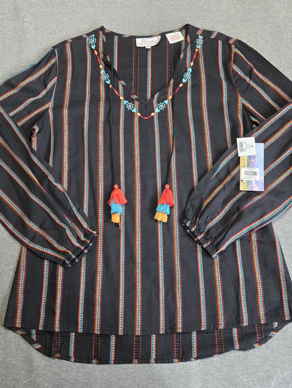 NWT Panhandle Tunic Top Womens Large Black With Colorful Embroidery Tassels